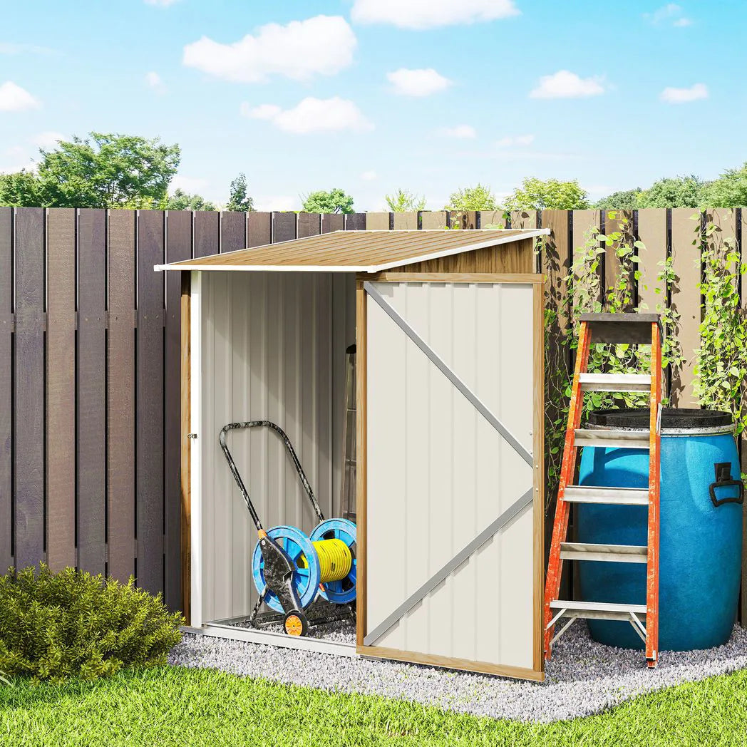 Outsunny Lean-To Steel Garden Shed with Locking Door – 3.3 x 3.4ft Tool Storage, Light Brown Wood Effect/White