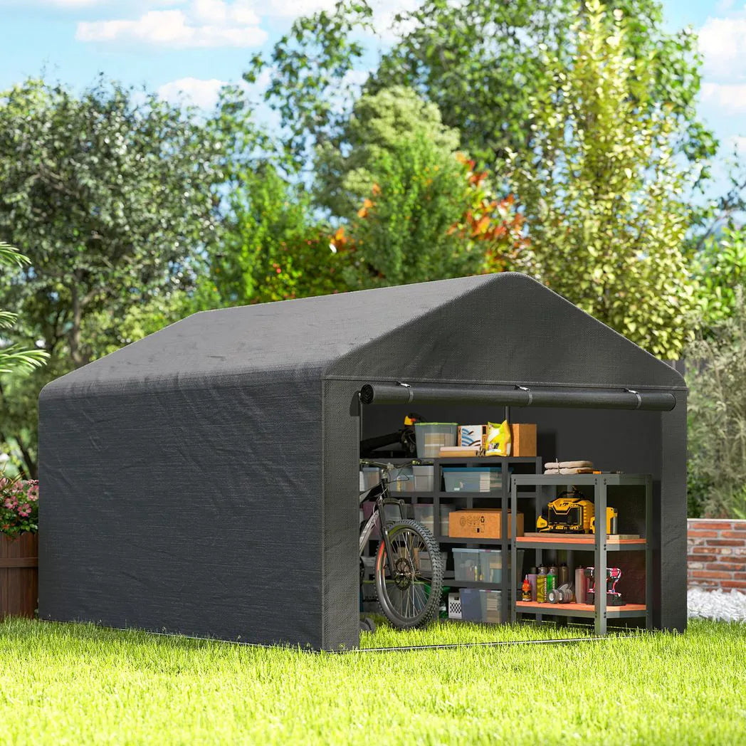 Outsunny 6.6 x 7.8ft Portable Storage Shed with Roll-Up Zipper Door – Waterproof Bike Tent, Dark Grey