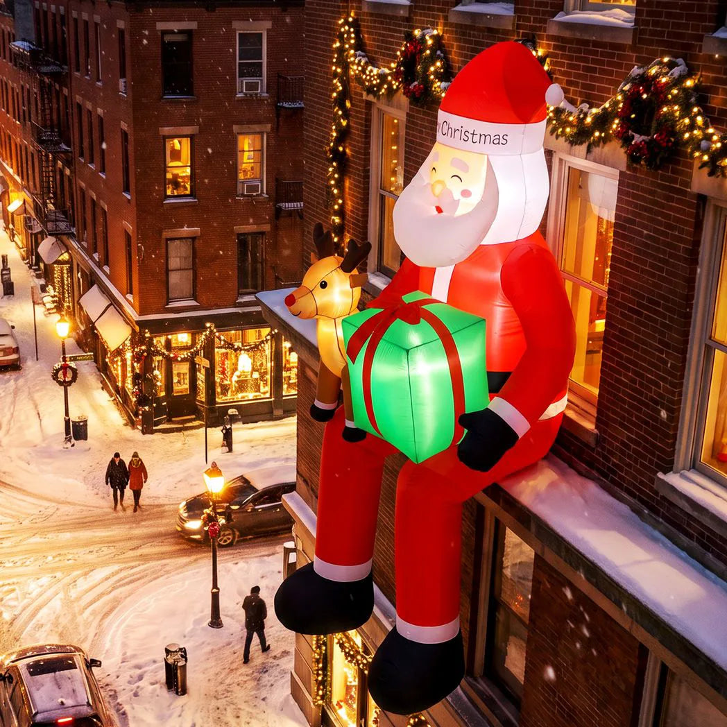 Outsunny 9.3ft Giant Christmas Inflatable Hanging Santa Claus with Reindeer, Gift Box and LED Lights – Outdoor Garden Decoration