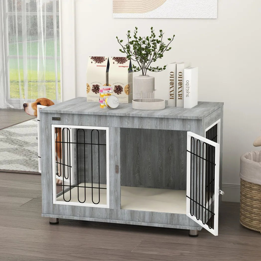 PawHut Dog Crate Furniture End Table with Cushion and Double Doors – Indoor Kennel, Grey