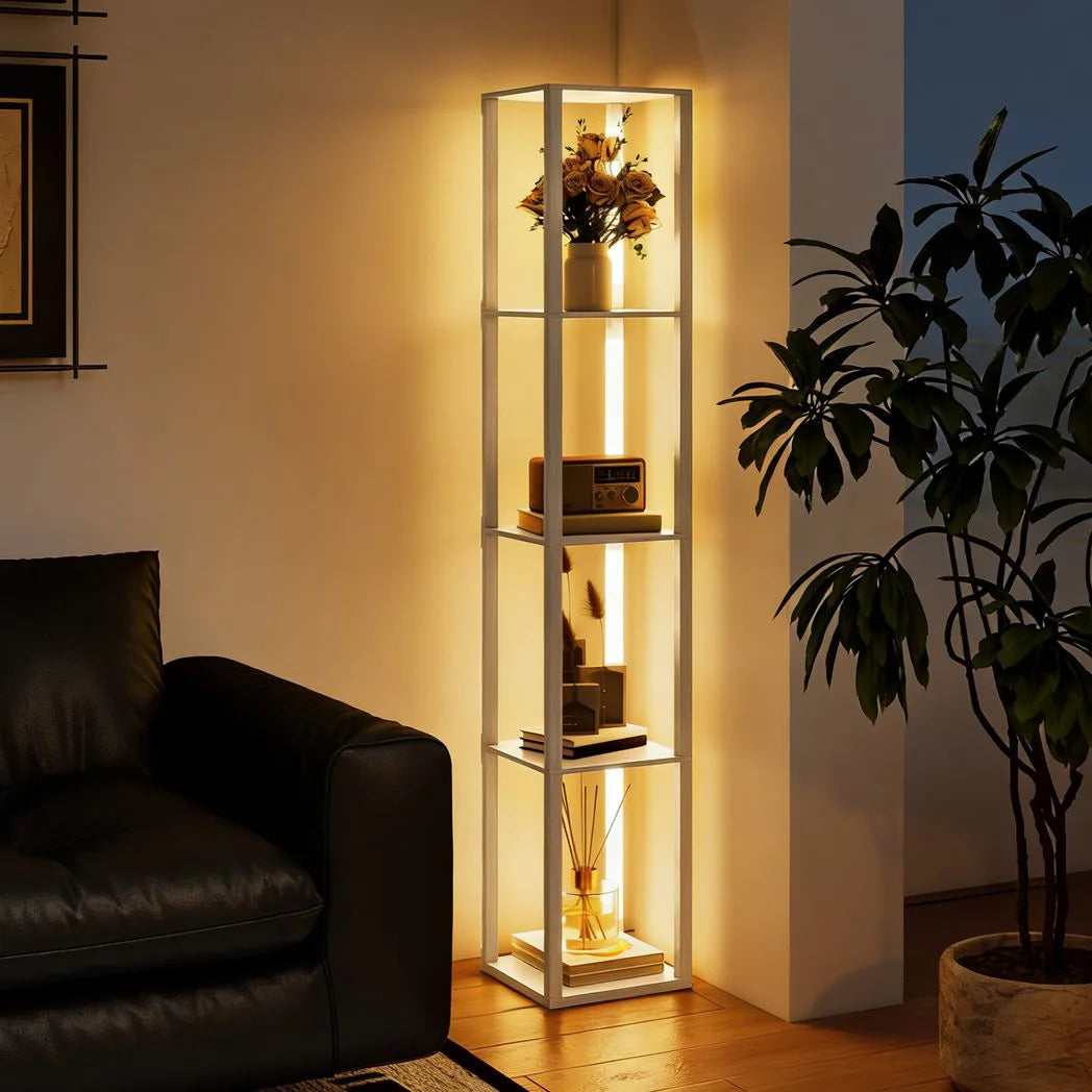 HOMCOM Floor Lamp with Shelves and 3 Brightness Levels – Oak