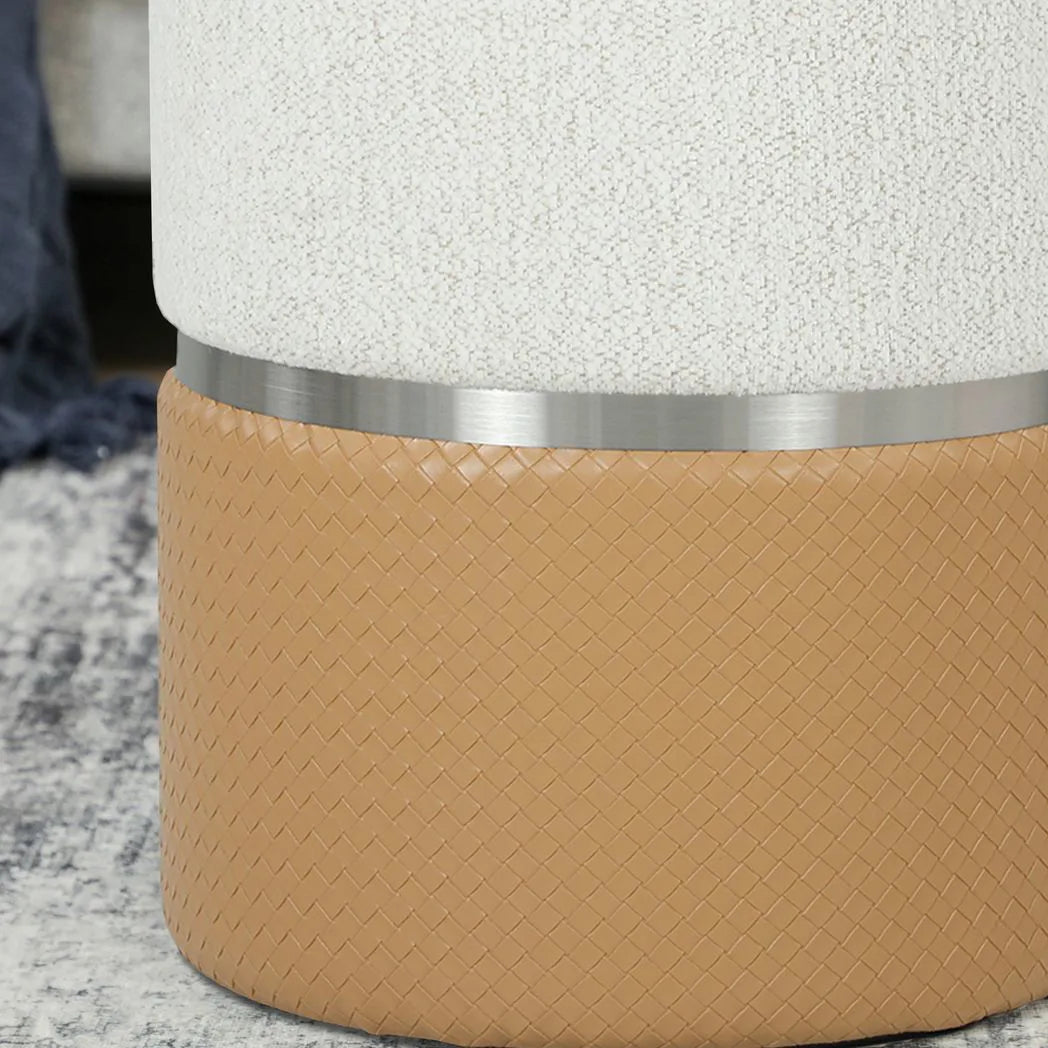 HOMCOM Set of 2 Nesting Round Storage Ottomans with Lift-Off Lids – Chenille and PU Leather, Cream and Brown