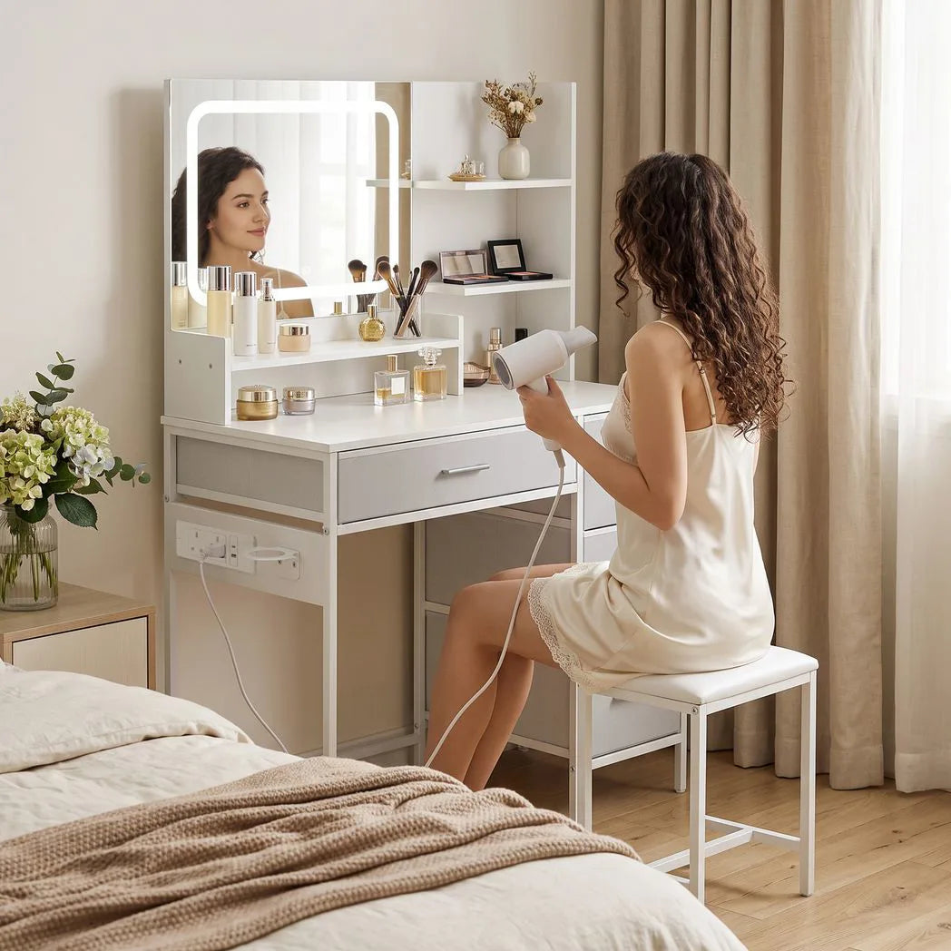 HOMCOM Dressing Table with 3-Colour LED Mirror, Power Outlets, 4 Drawers, 5 Shelves and Hair Dryer Holder