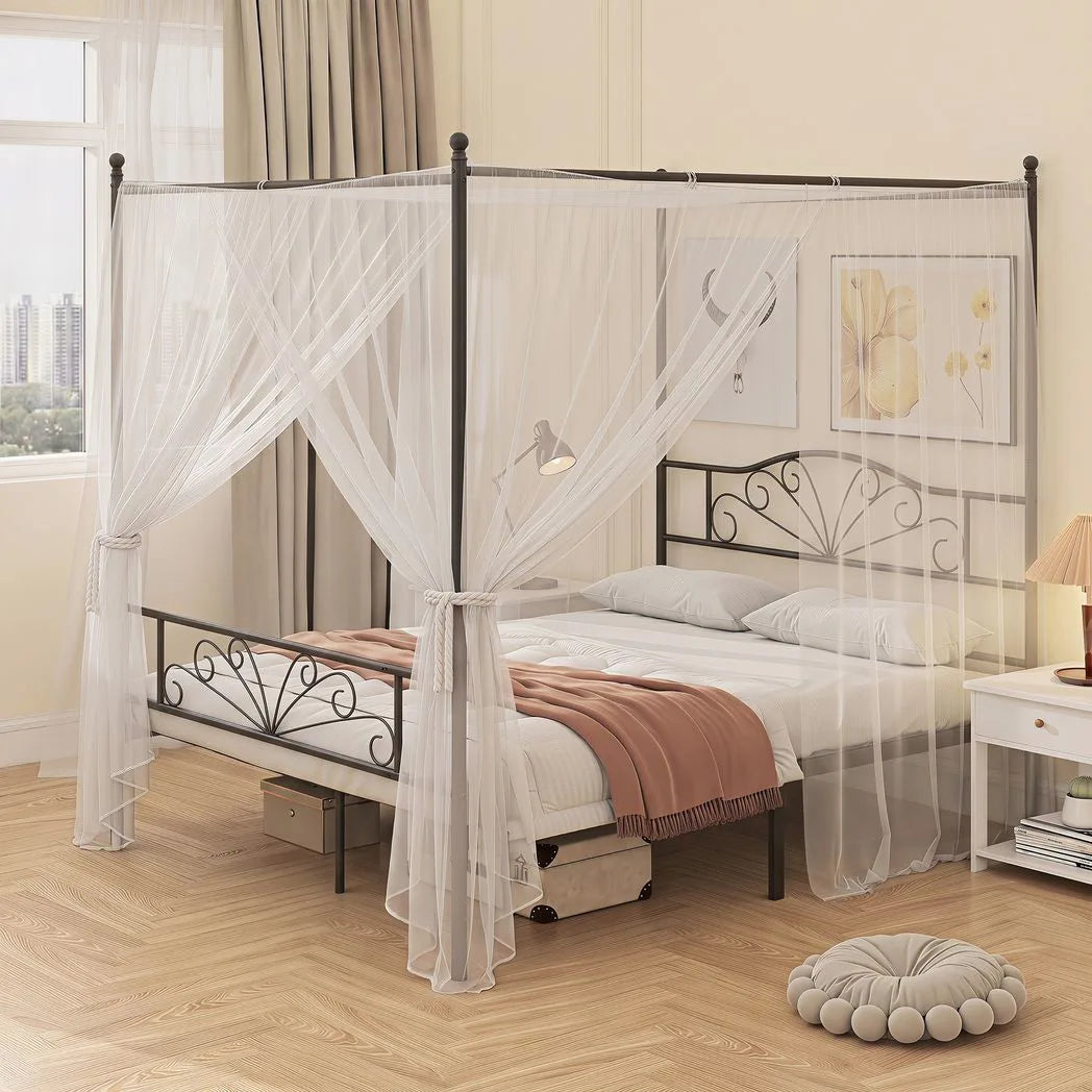 HOMCOM Double Four-Poster Metal Bed Frame with Headboard, Footboard & Underbed Storage – Canopy Bed, Black