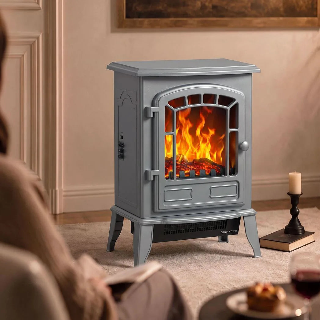 HOMCOM Electric Fireplace Stove, 1000W/2000W Freestanding Fire with LED Flame and Thermostat – Grey