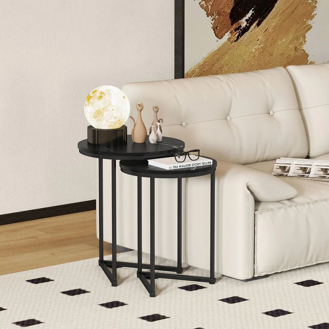 HOMCOM Set of Two Marble-Effect Nesting Tables with Black Steel Frames – Coffee and Side Tables, Black