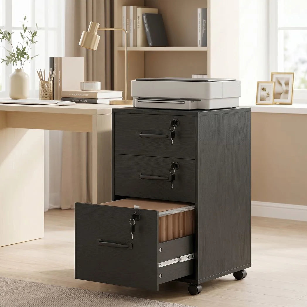 HOMCOM Three-Drawer Lockable Filing Cabinet with Wheels – Wood-Effect Under Desk Office Storage, Black