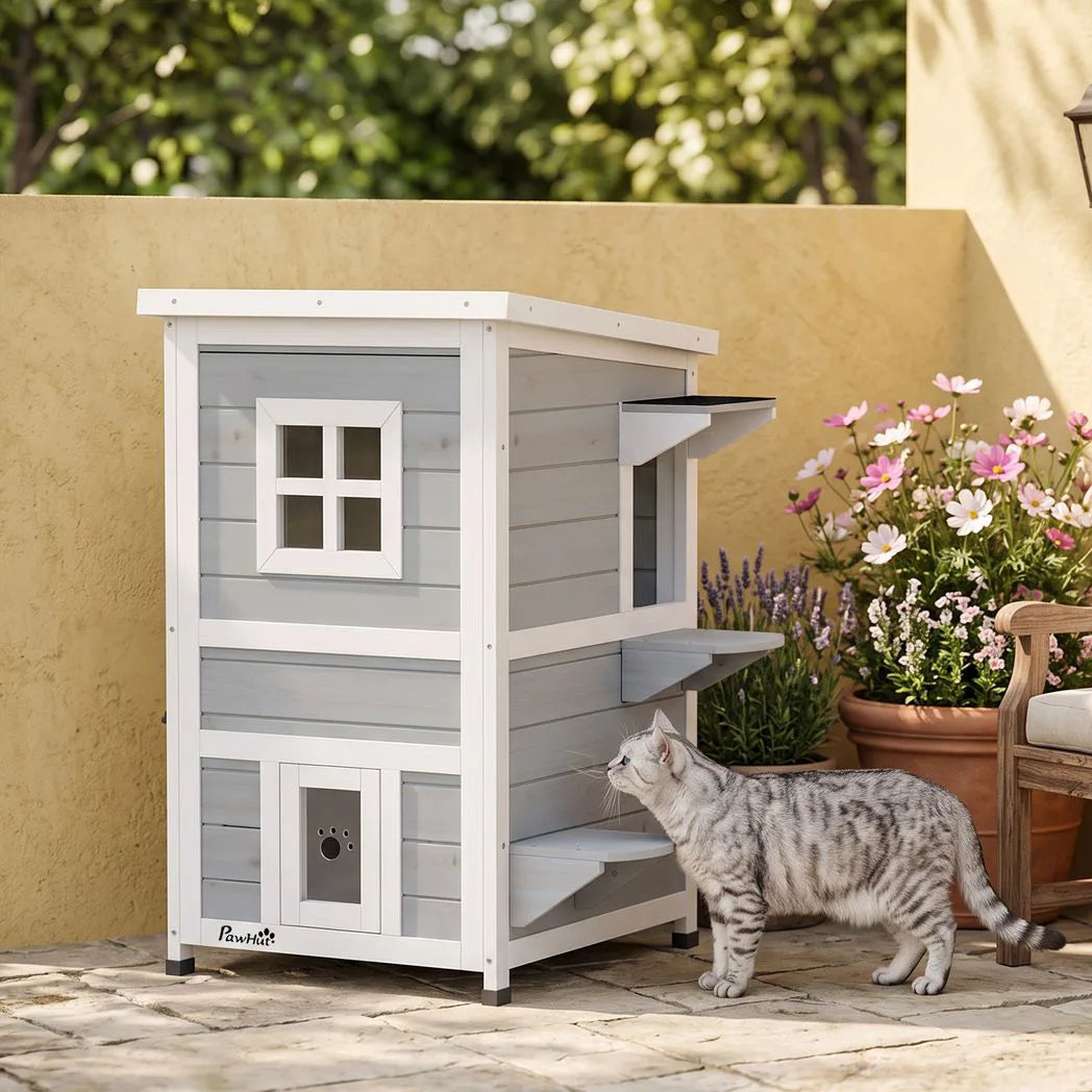 PawHut Wooden 2-Floor Outdoor Cat House with 3 Doors, Window and Asphalt Roof – Kitten Shelter, Grey