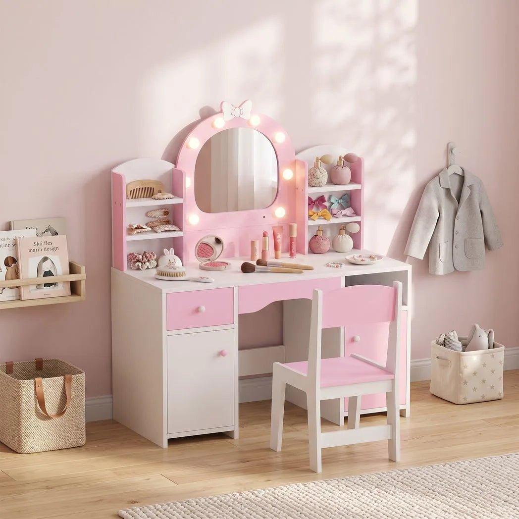 AIYAPLAY Kids Vanity Set with Stool, Dual-Colour Lights Mirror, Cabinets, Drawer & Shelves – Children's Dressing Table, Pink