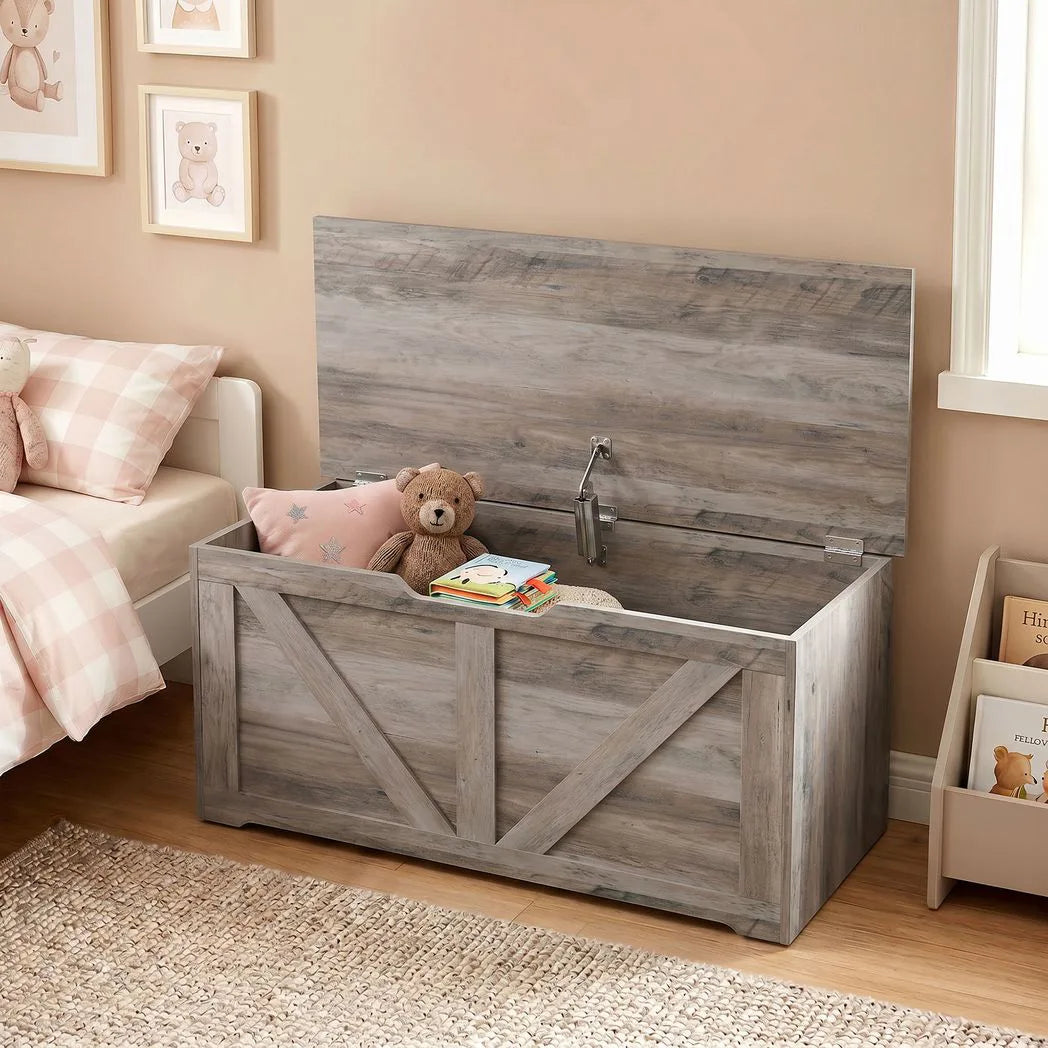 HOMCOM 100L Storage Box with Safety Hinge – Seat Top Storage Chest and Bench, Grey Wood-Effect