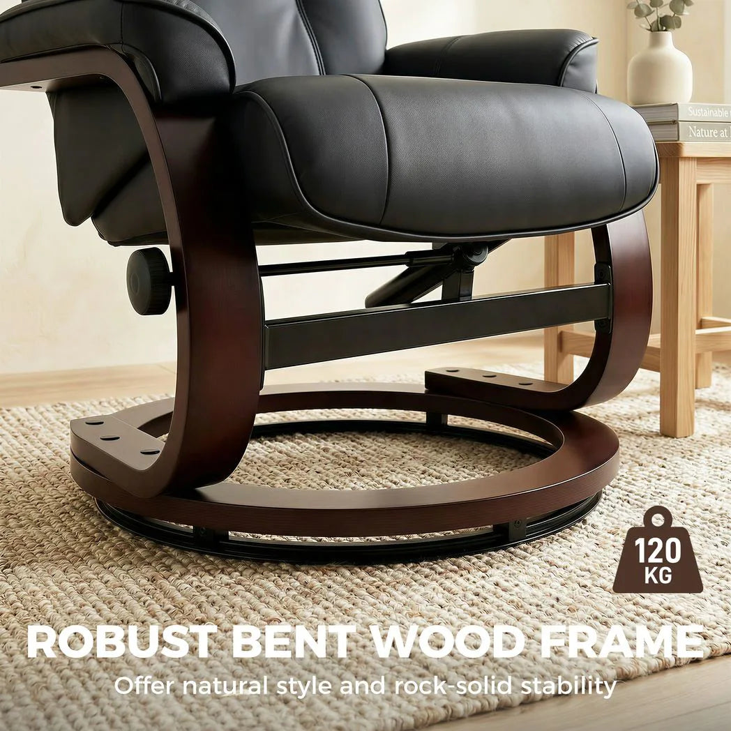 HOMCOM Swivel Recliner Chair with Footstool – PU Leather Armchair with Adjustable Back and Wood Frame, Black