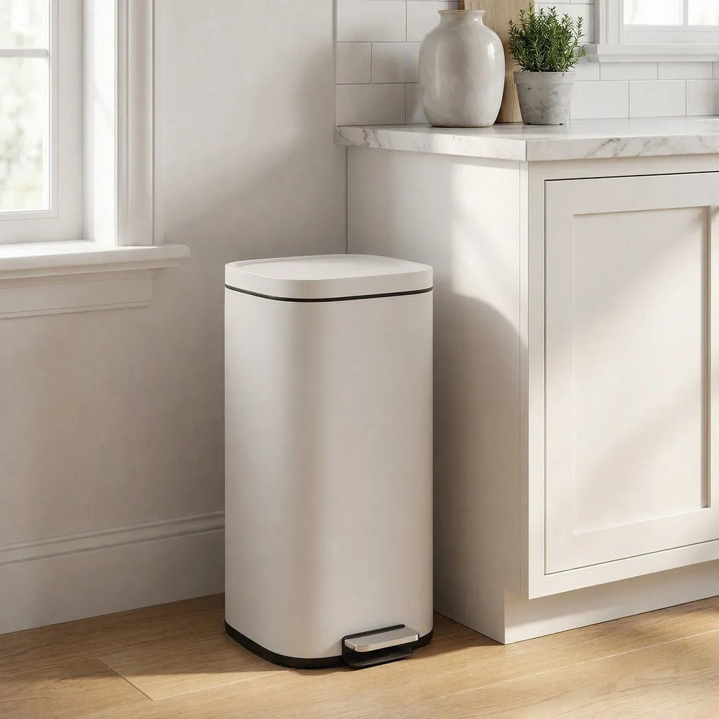 HOMCOM 30L Pedal Kitchen Bin with Soft-Close Lid and Removable Bucket – Compact Metal Rubbish Bin, Cream
