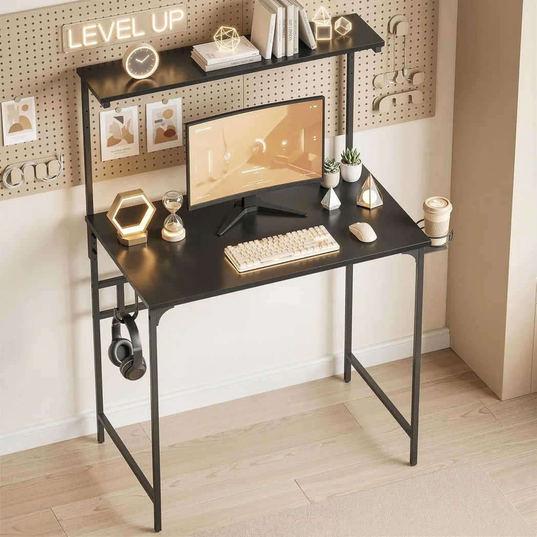 HOMCOM Computer Desk, 80cm Home Office Study Table with Hutch Shelf, Cup Holder & Headphone Hook – Black