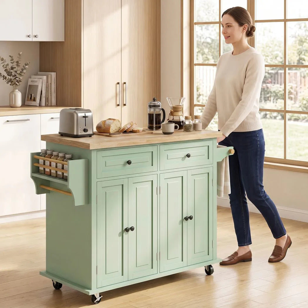 HOMCOM Rolling Kitchen Island with Rubberwood Top, Drawers & Cabinets – Dining Room Storage Trolley, Light Green