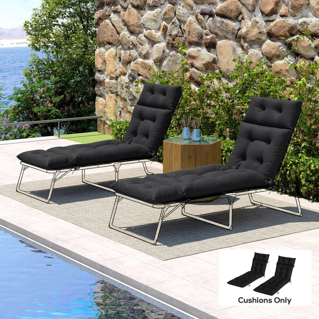 Outsunny Set of 2 Sun Lounger Cushions with Button Tufting and Ties, 190 x 56 cm, Black