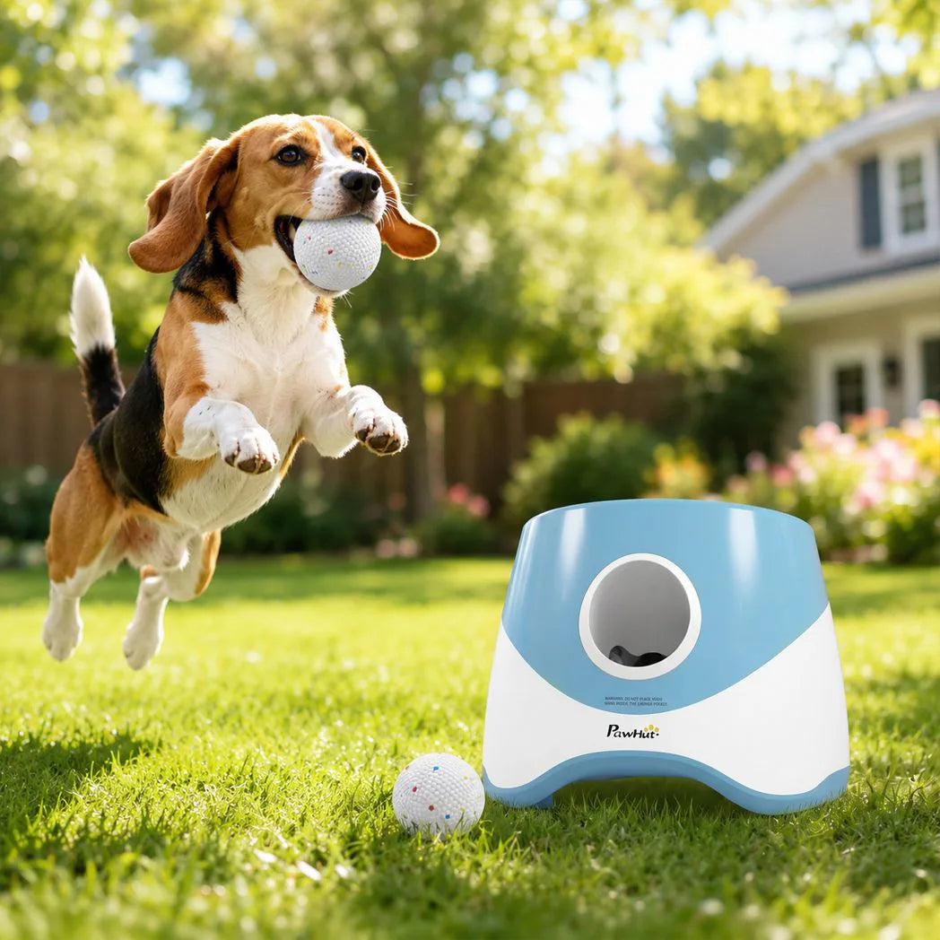 PawHut Automatic Dog Ball Launcher with 5 ETPU Balls, 6/10/14m Settings – Rechargeable Fetch Toy, Blue