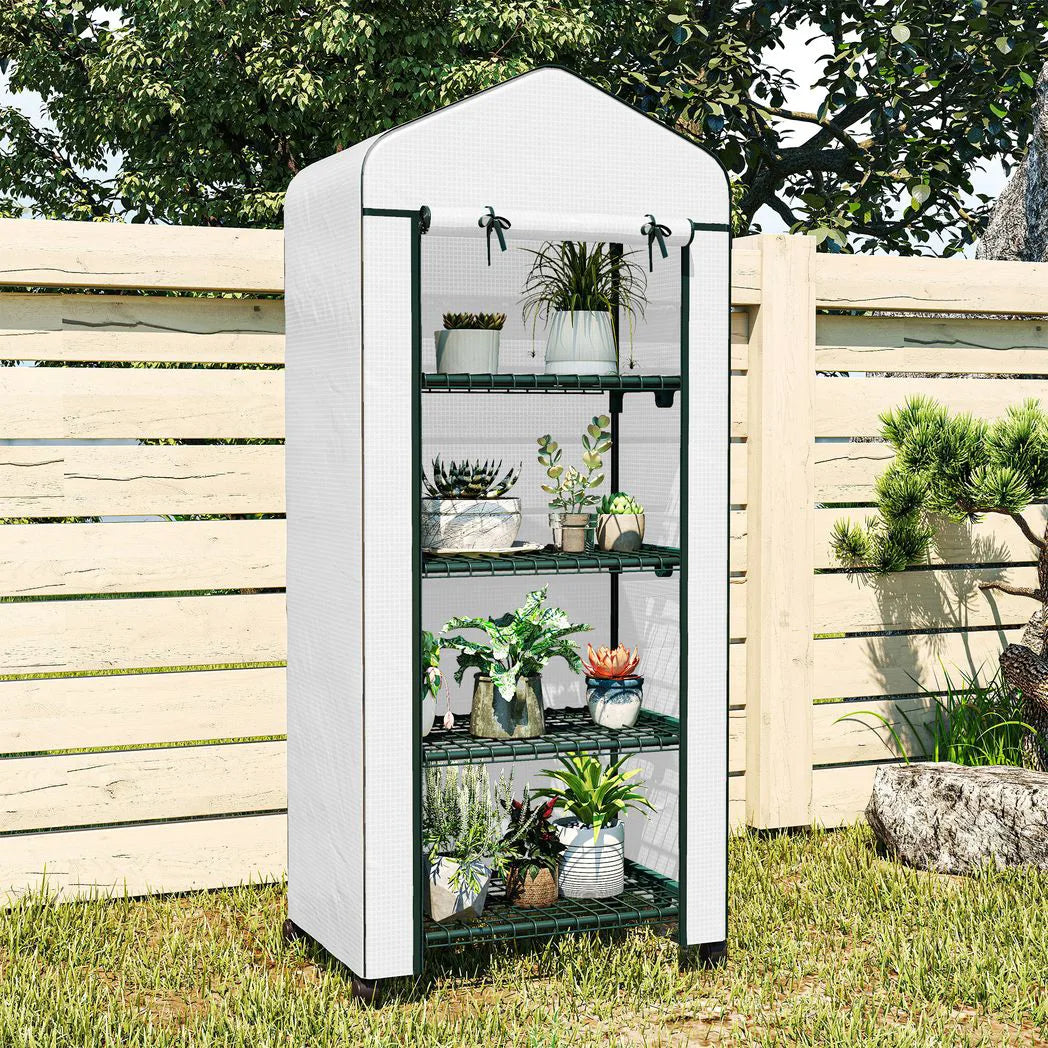 Outsunny 4 Tier Mini Portable Greenhouse with PE Cover & Lockable Wheels – Compact Plant Grow Shed, White