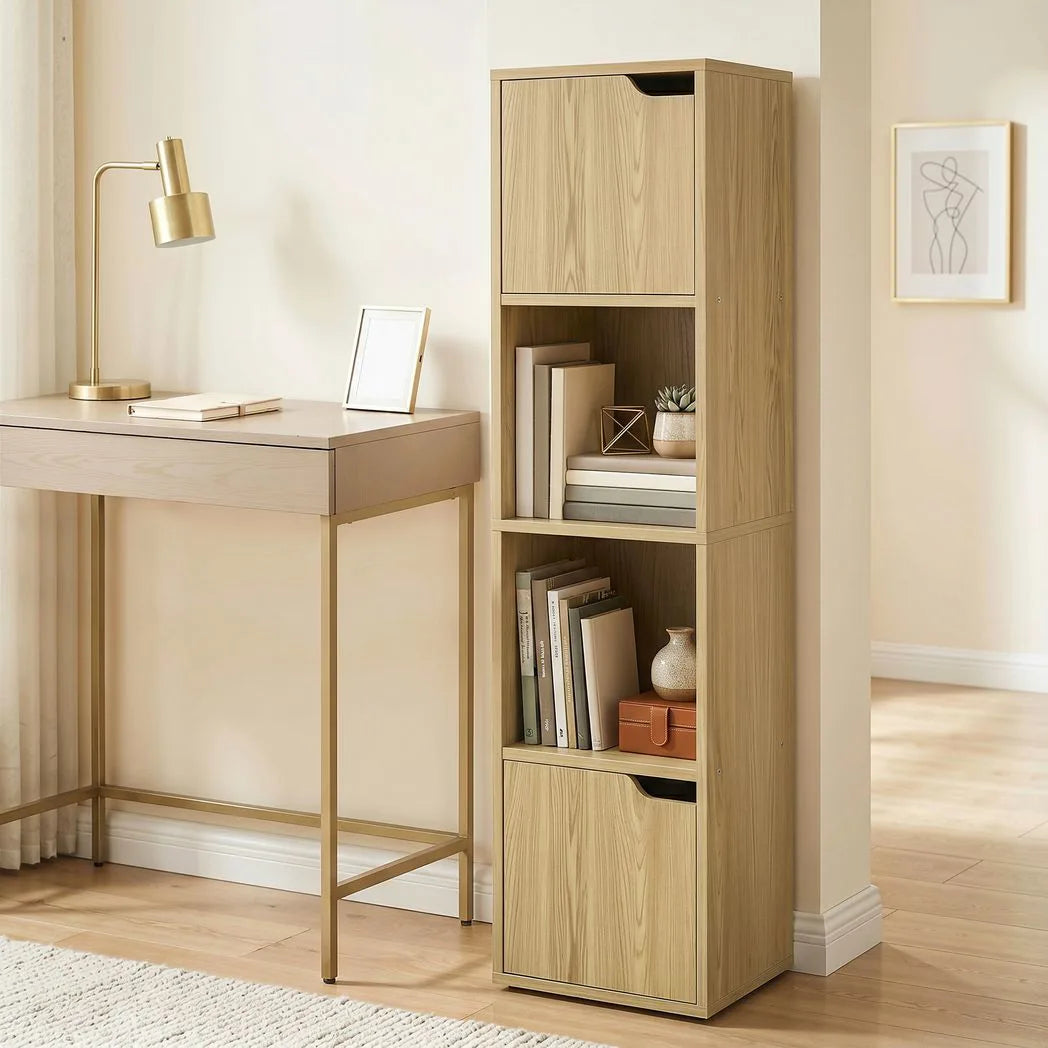 HOMCOM Narrow 4-Tier Bookcase with Open Shelves and Cabinet Doors – Slim Storage Unit, Oak