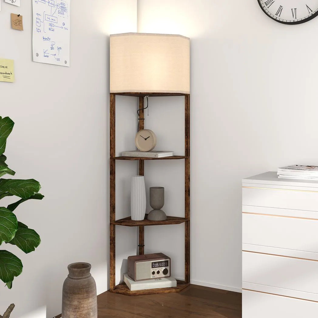 HOMCOM Corner Floor Lamp with 3 Storage Shelves & Pull Chain Switch – Tall Standing Lamp, Rustic Brown