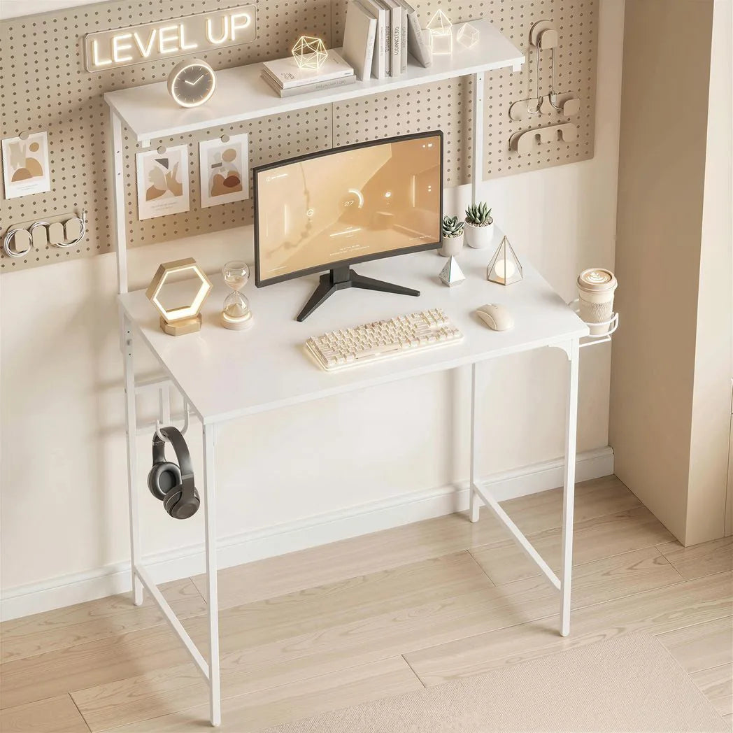 HOMCOM Computer Desk with Hutch Shelf, Cup Holder and Headphone Hook – 80cm Home Office Study Table, White