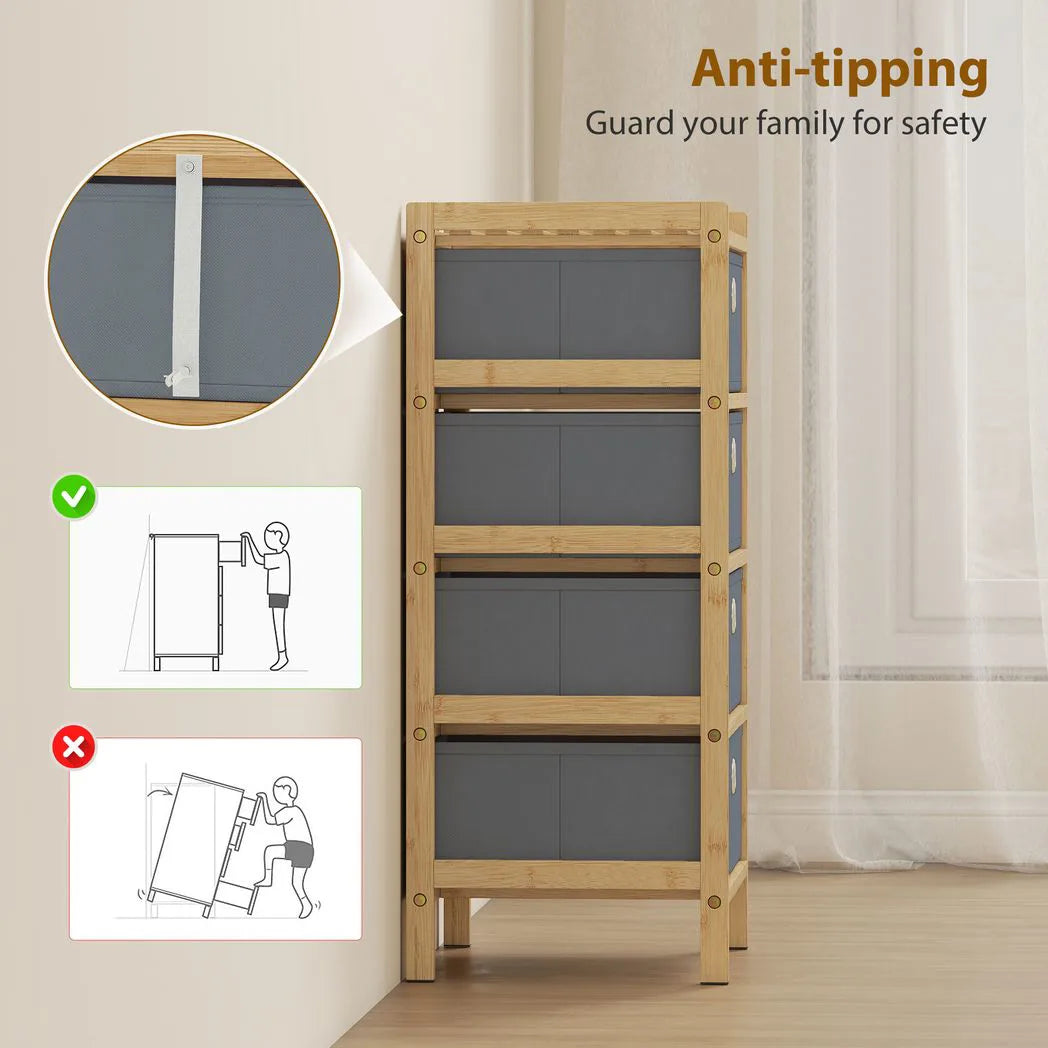 HOMCOM Chest of Drawers with 4 Fabric Drawers – Narrow Bedroom Dresser with Bamboo Frame, Light Grey