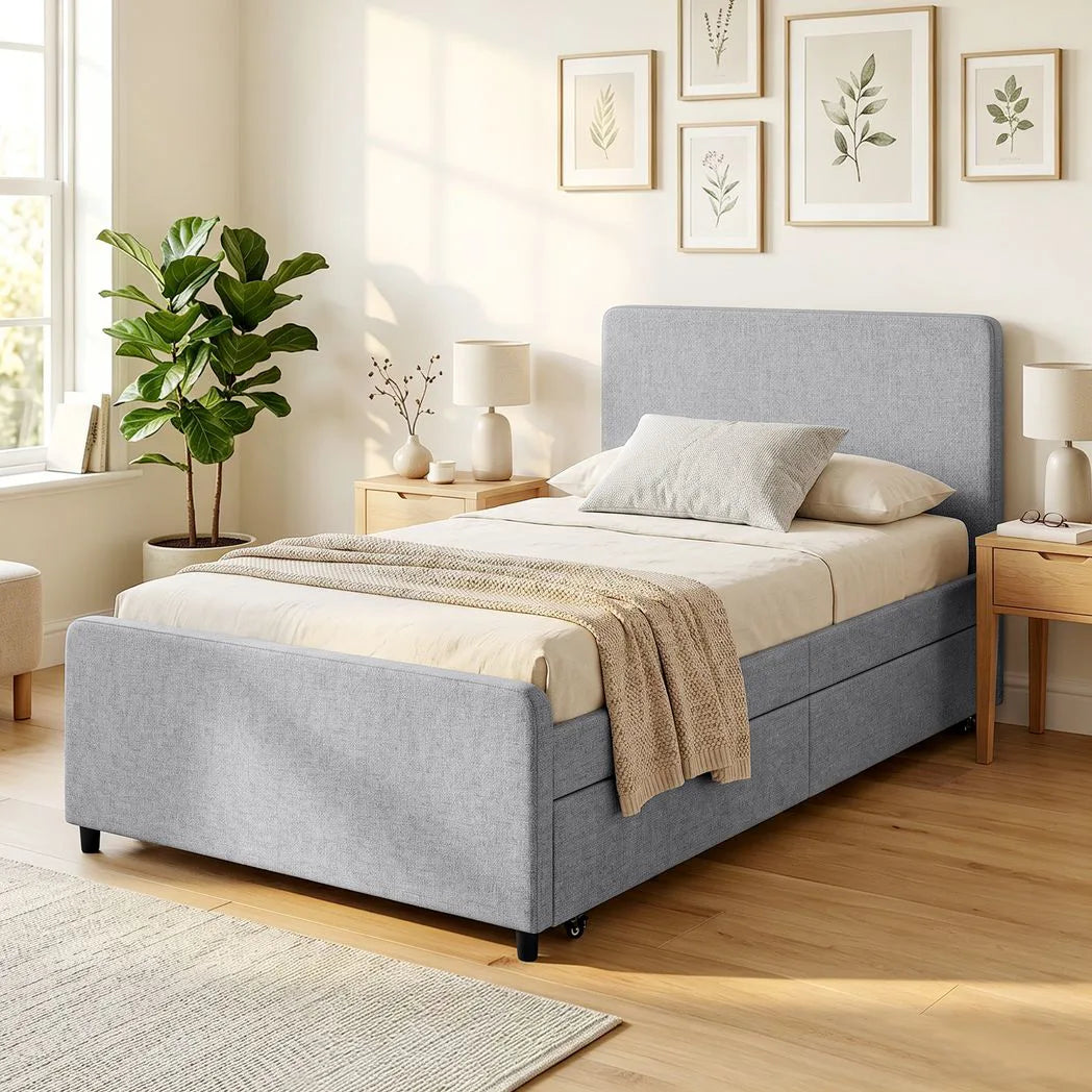 HOMCOM 3ft Single Upholstered Trundle Bed Frame with Headboard and Footboard – Pull-Out Guest Bed, Light Grey
