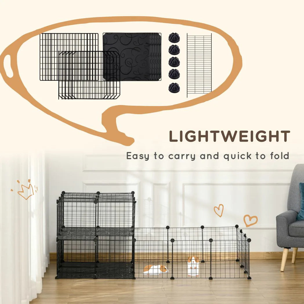 PawHut Small Animal Playpen with Door – Metal Mesh Cage for Guinea Pigs and Rabbits, 175cm, Black