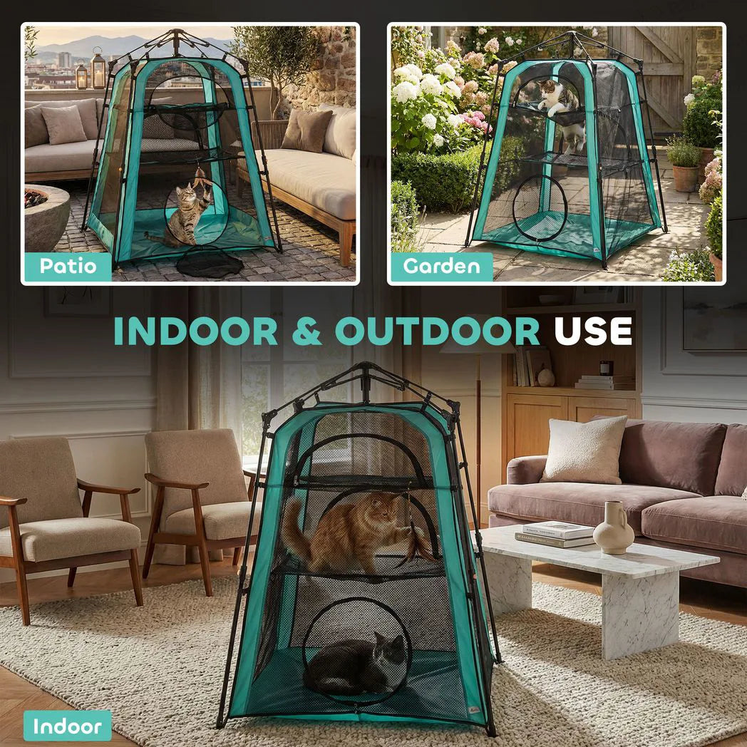 PawHut 3-Tier Portable Cat Tent with Multiple Doors, Carry Bag and Breathable Mesh – Indoor and Outdoor Cat House
