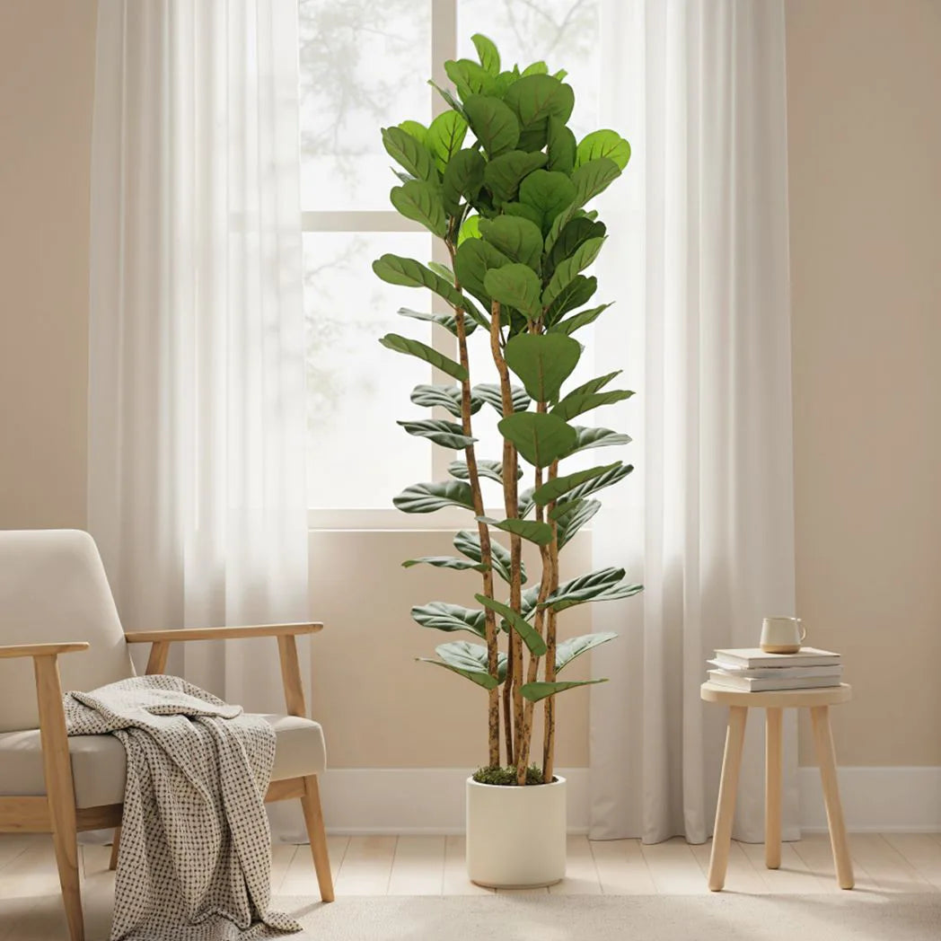 HOMCOM 180cm Artificial Fiddle Leaf Fig Tree in White Pot – Realistic Faux Plant for Home and Office, Green