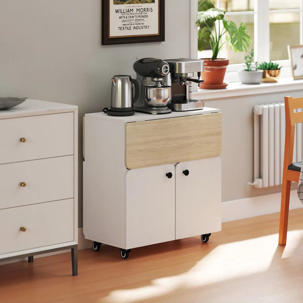 HOMCOM Folding Dining Table with Hidden Shelf & Cabinet, Rolling Drop Leaf – Space-Saving, White