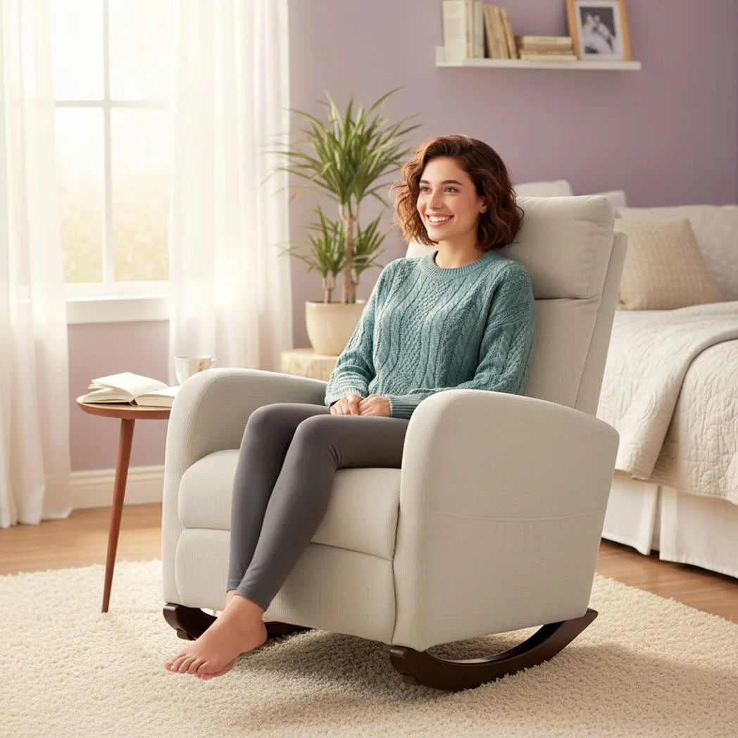 HOMCOM Corduroy Rocking Armchair with Thick Padding, Side Pockets and Rubberwood Feet – Lounge Chair, Beige