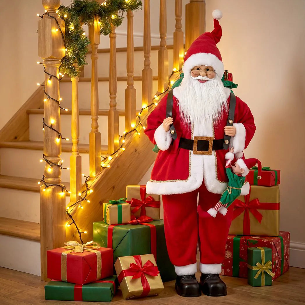 HOMCOM 4ft Singing Dancing Santa Claus with Sack and Hanging Elf – Animated Christmas Figure, Sound and Touch Activated