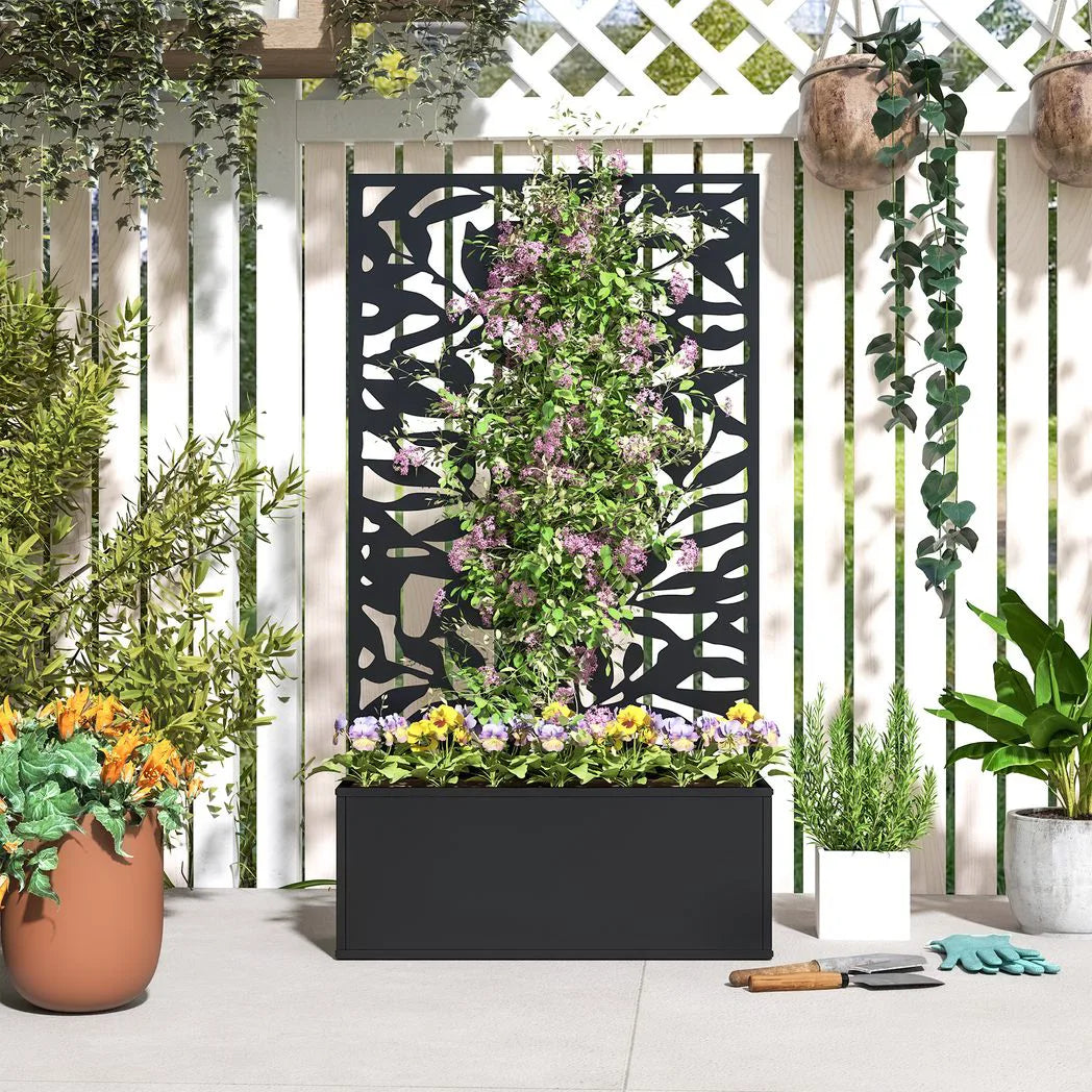 Outsunny Metal Raised Garden Bed with Trellis and Privacy Panel – Wall-Mounted or Freestanding Planter, Black