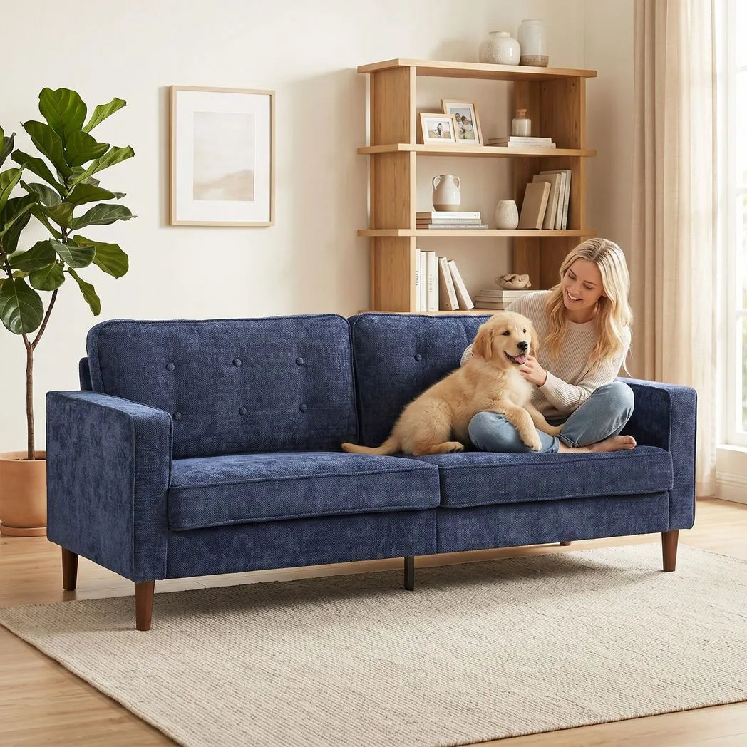 HOMCOM 3 Seater Sofa Button Tufted Upholstered Couch with Wood Legs for Living Room, Dark Blue