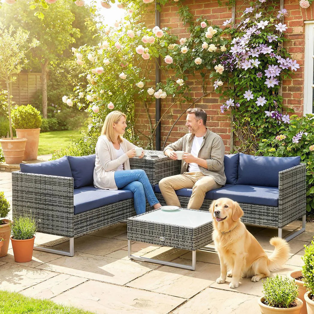 Outsunny 4 Piece Rattan Corner Sofa Set – Two Loveseats, Storage Table and Glass Coffee Table with Cushions, Dark Blue