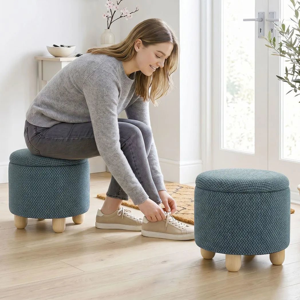 HOMCOM Round Storage Ottoman Bench with Reversible Lid and Rubberwood Legs, 19L – Footstool, Dark Blue
