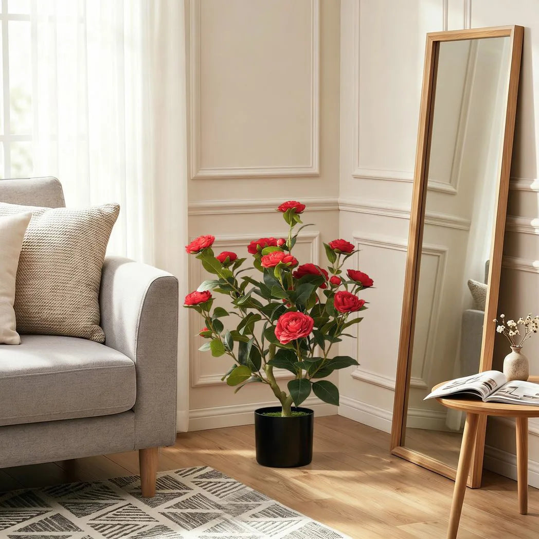 HOMCOM 65cm Artificial Camellia Flower Plant in Pot with 116 Lush Leaves & Moss Effect, Red