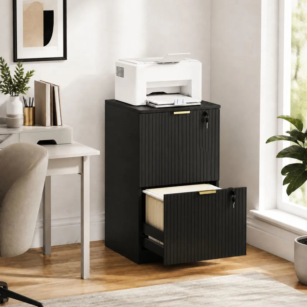 HOMCOM Fluted Vertical Filing Cabinet with 2 Lockable Drawers and Hanging Rails – Home Office Storage, Black