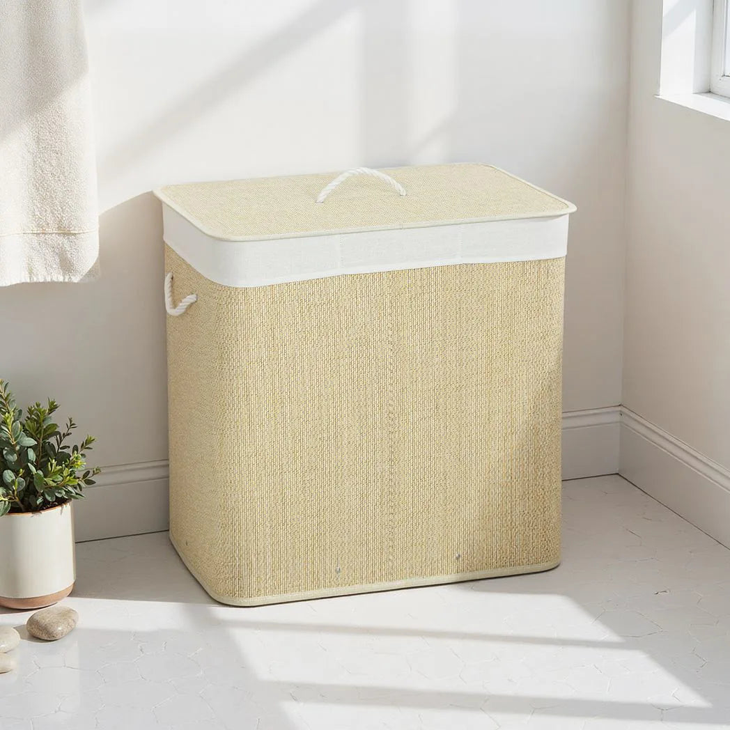 HOMCOM 3 Section Laundry Basket with Lid, 144L Bamboo Laundry Hamper with Handles and Liner, Cream White