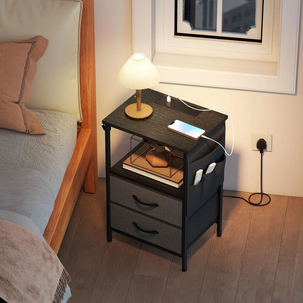 HOMCOM Slim Bedside Table with Charging Station – AC Outlets, USB-A & USB-C, Two Fabric Drawers, Black