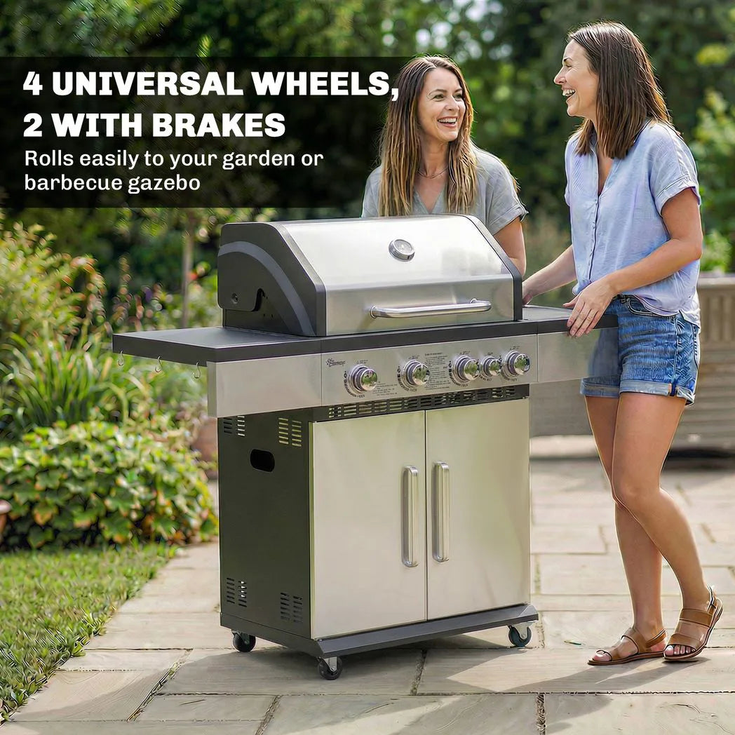 Outsunny 4 Burner Gas BBQ Grill with Side Burner, Warming Rack, Side Shelf & Storage Cabinet – Portable Propane Barbecue