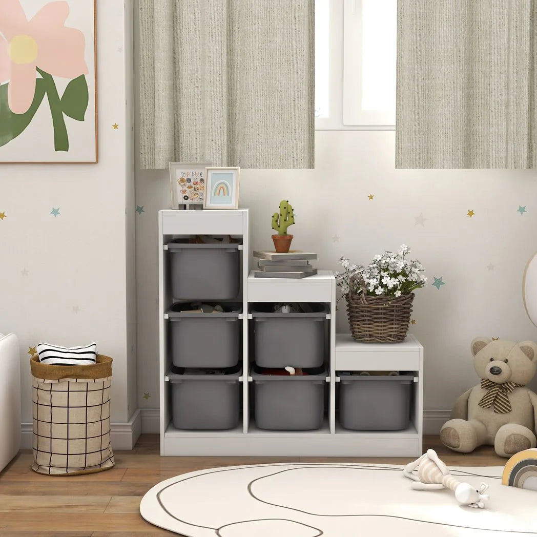 AIYAPLAY 3-Tier Kids Toy Storage Organiser with 6 Removable Bins – Grey, Ages 3-8