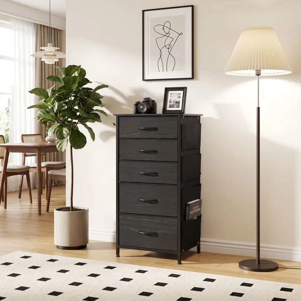 HOMCOM Chest of Drawers with 5 Fabric Drawers, 4 Pockets, 2 Hooks and Steel Frame – Tall Storage, Black