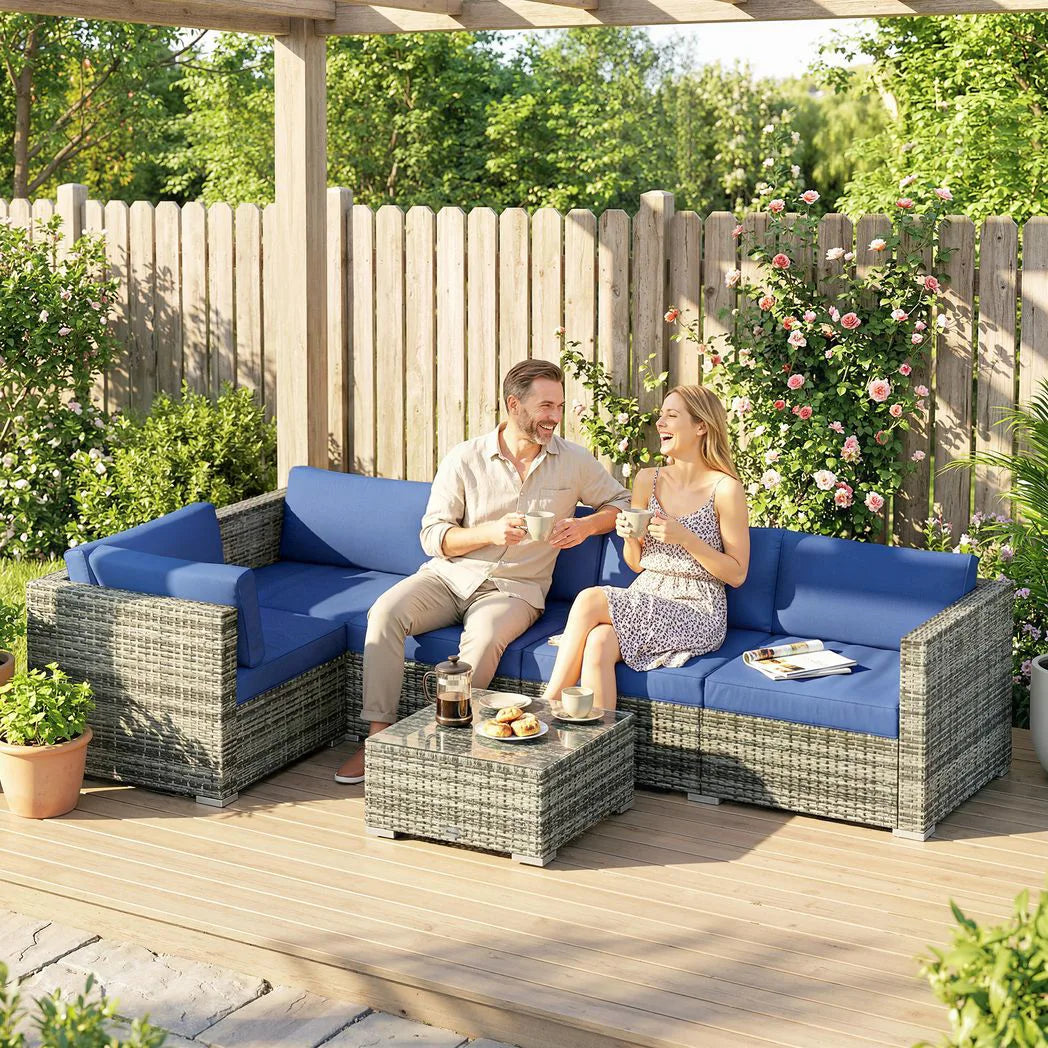Outsunny 4 Piece Rattan Garden Corner Sofa Set with Glass-Top Coffee Table & Cushions, Blue