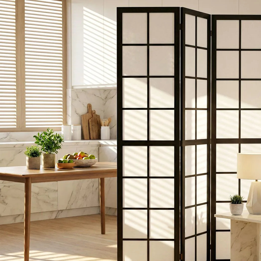 HOMCOM 4 Panel Folding Room Divider with Pine Wood Frame – Freestanding Privacy Screen for Living Room & Bedroom, Black