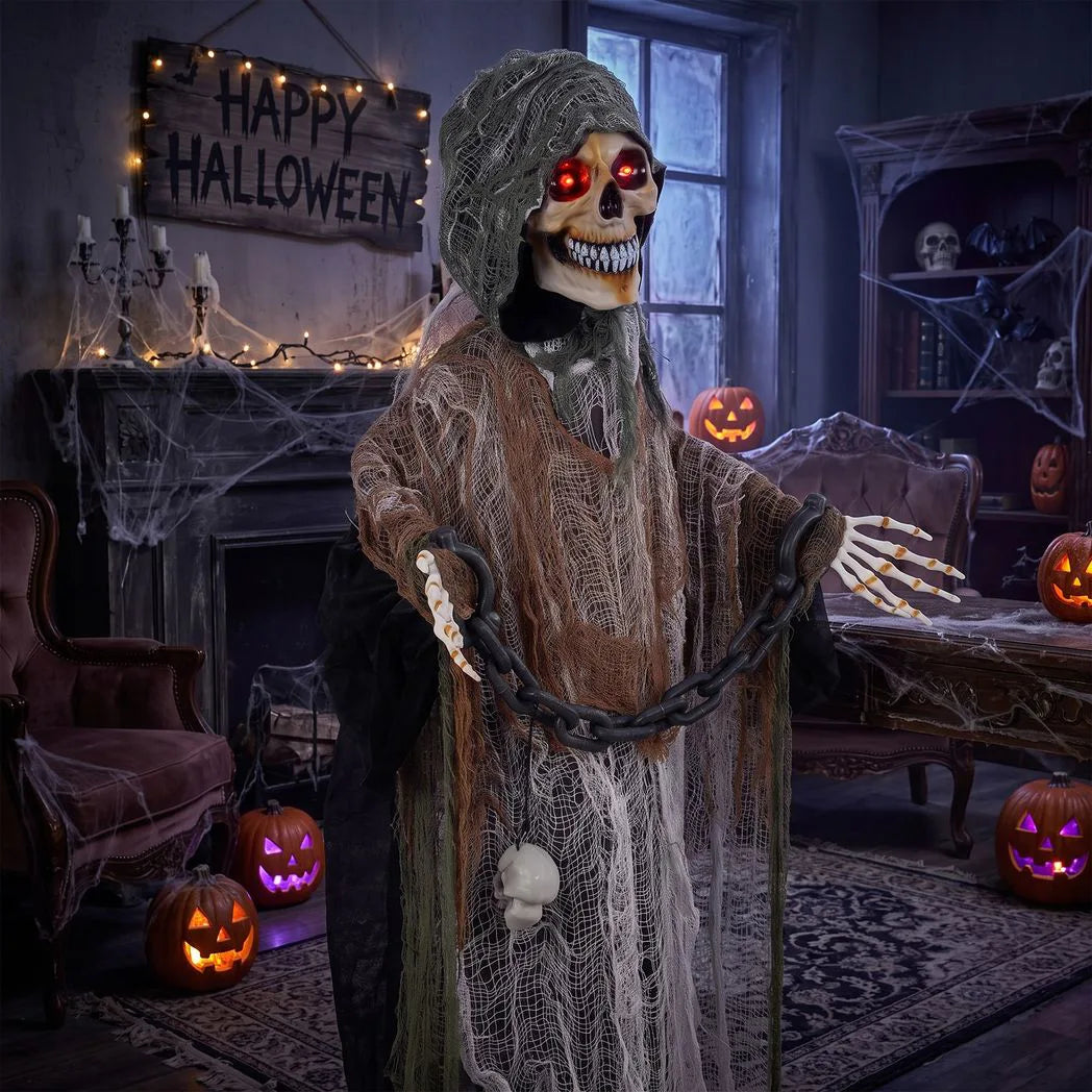 HOMCOM 170cm Animated Grim Reaper with Moving Head & Hands, Glowing Eyes and Sound – Halloween Animatronic Decoration