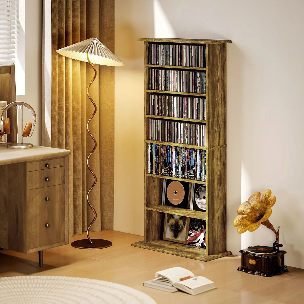 HOMCOM CD and DVD Storage Tower with 6 Adjustable Shelves, Holds 360 CDs – Rustic Brown