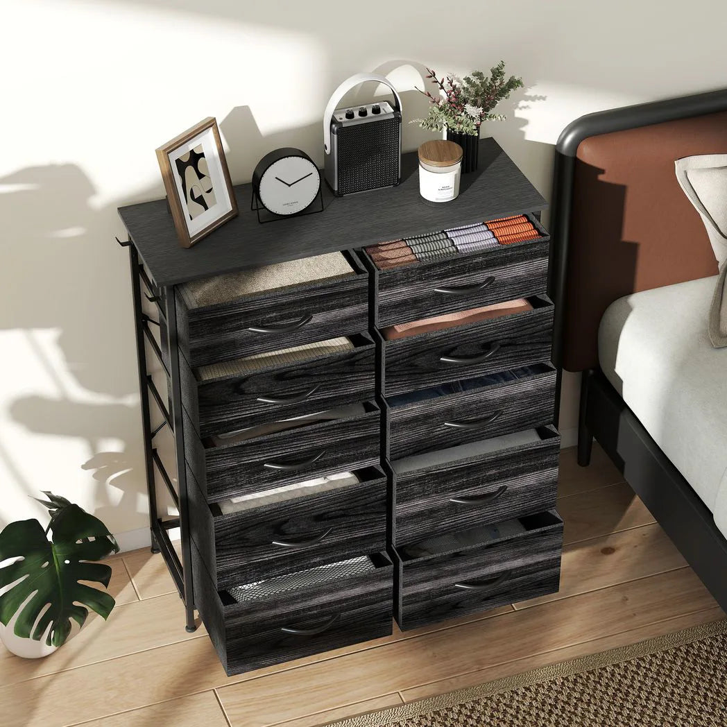 HOMCOM Ten Fabric Drawer Chest with Steel Frame, Pockets and Anti-Tipping Kit – Bedroom Storage, Black