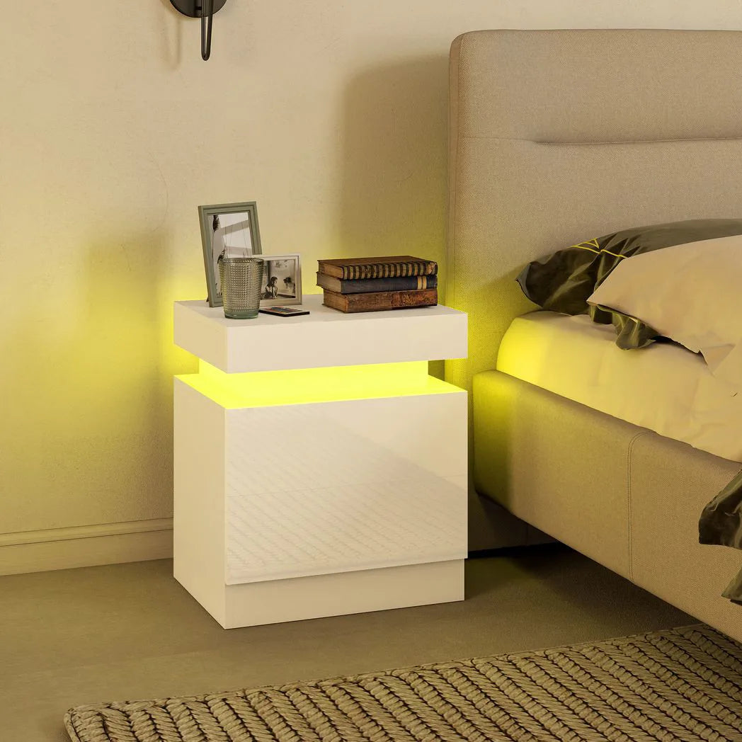 HOMCOM Set of 2 White Bedside Tables with LED Light and 2 Drawers – High Gloss Nightstands for Bedroom