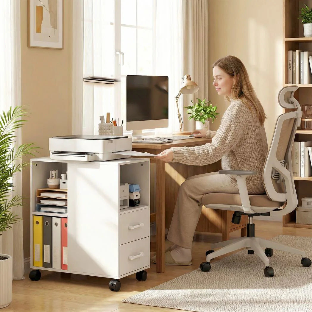 HOMCOM Narrow Mobile Printer Table with Wheels and Drawers, 30 x 60 x 65 cm – Home Office Stand, White